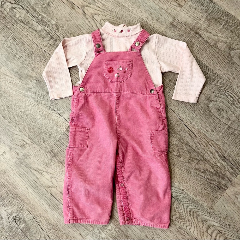 Girls Vintage Pink Embroidered Corduroy Overalls Turtleneck 2 Piece Set